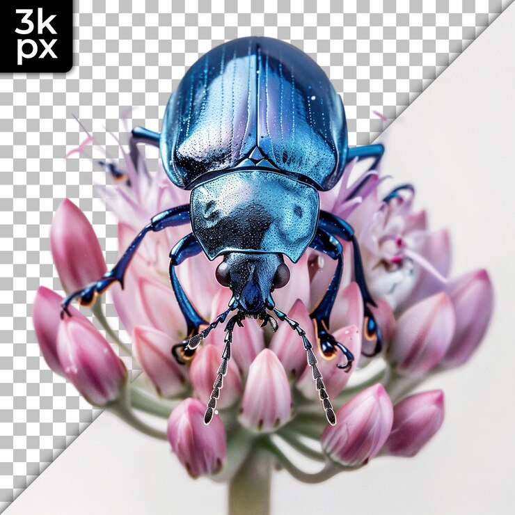 PSD escarabajo azul sobre una flor rosada de fondo transparente