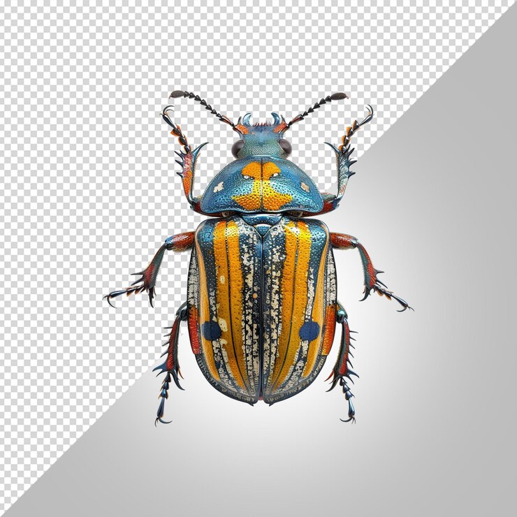 PSD un escarabajo con un cuerpo amarillo y azul y la palabra insecto en el frente