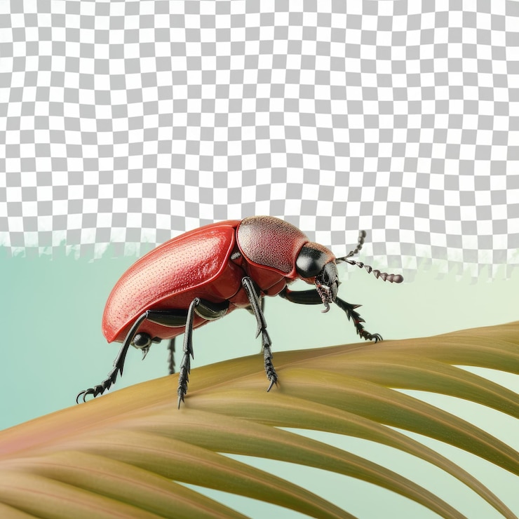 PSD un escarabajo rojo un artrópodo en la fotografía macro se arrastra en un transparente