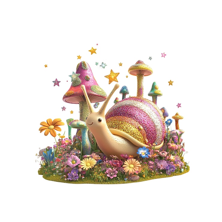 PSD un escargot étincelant dans un jardin de champignons magiques