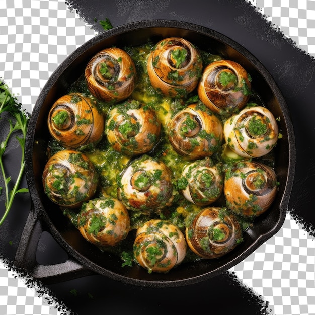 PSD des escargots cuits avec du beurre d'ail et des herbes fraîches dans une casserole en céramique sur un fond transparent