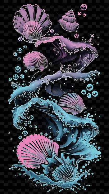 PSD la escarpada costa del océano con olas estrelladas y con brillantes criaturas marinas colecciones de colores de neón