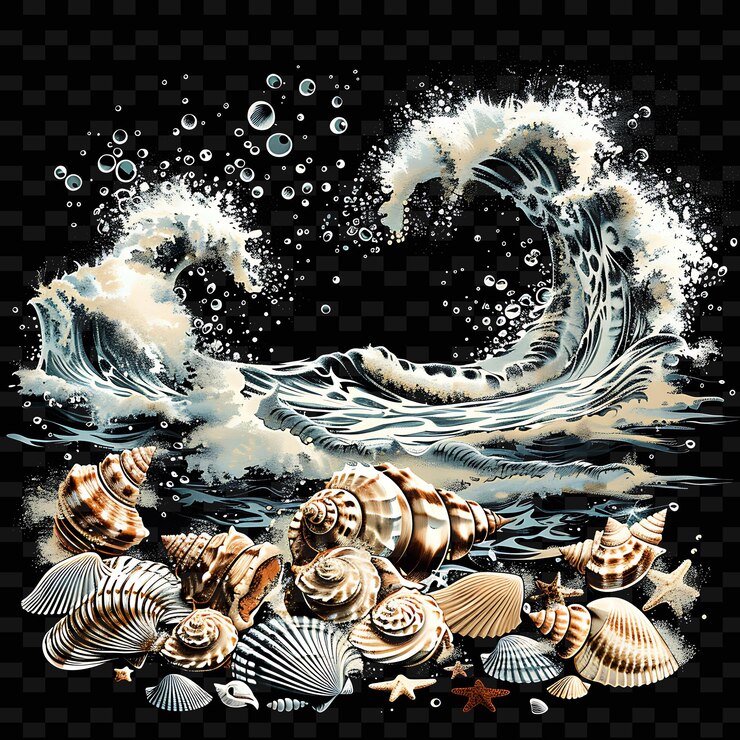 PSD la escarpada costa del océano con olas estrelladas y con brillantes criaturas marinas colecciones de colores de neón