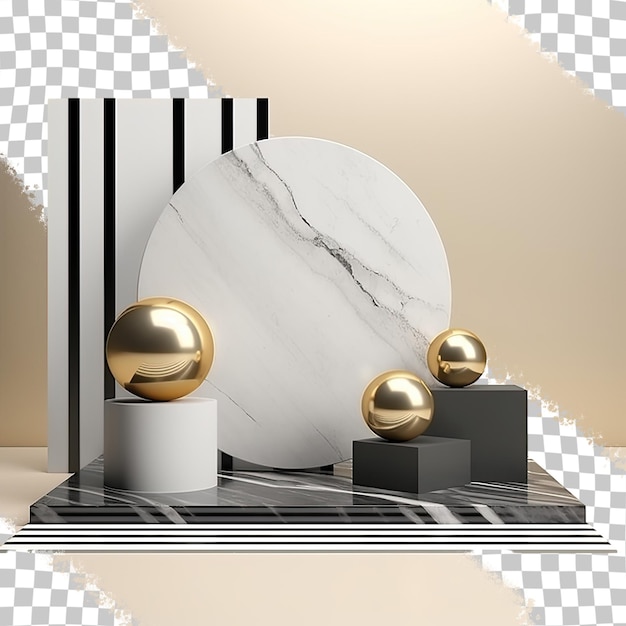 PSD escena abstracta con un fondo transparente que muestra un podio en blanco con una forma geométrica en textura de mármol blanco y negro mezclada con objetos dorados e inoxidables en un