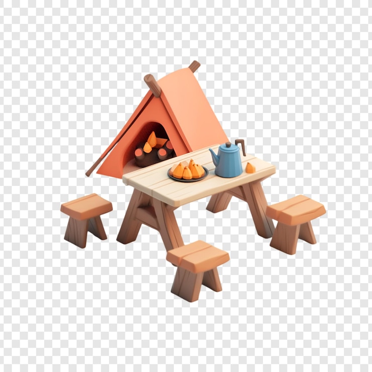 PSD escena de acampada de dibujos animados en 3d con mesa de tienda y árboles