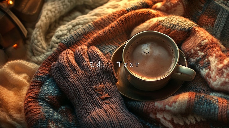 PSD escena aconchegante de inverno com chocolate quente em uma caneca em um cobertor de tricô