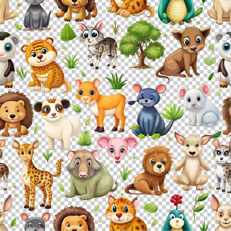 PSD escena aislada con diferentes animales lindos