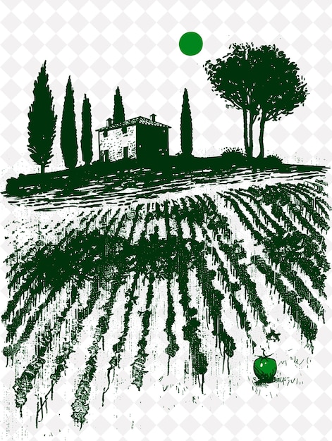 Escena de almuerzo dominical en la Toscana con una granja y ciprés T Italia Cultura Diseño de ilustraciones