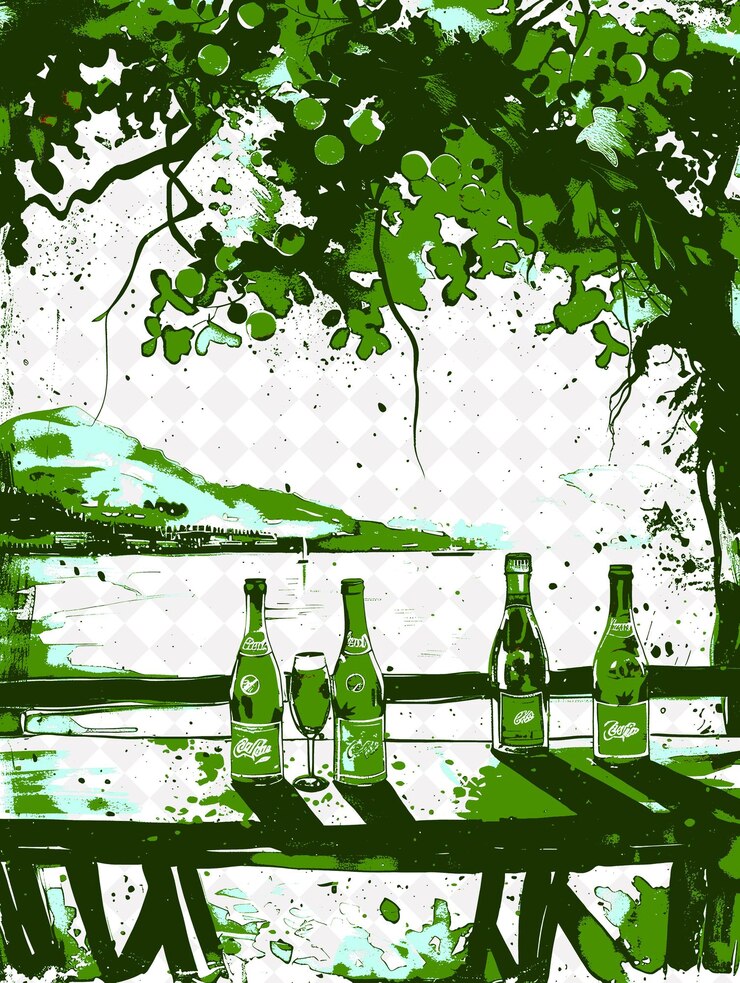 PSD escena de aperol spritz en el lago de como con botellas de prosecco y un diseño de ilustración de la cultura italiana