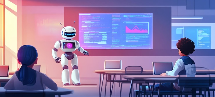 PSD escena del aula futurista del maestro robot