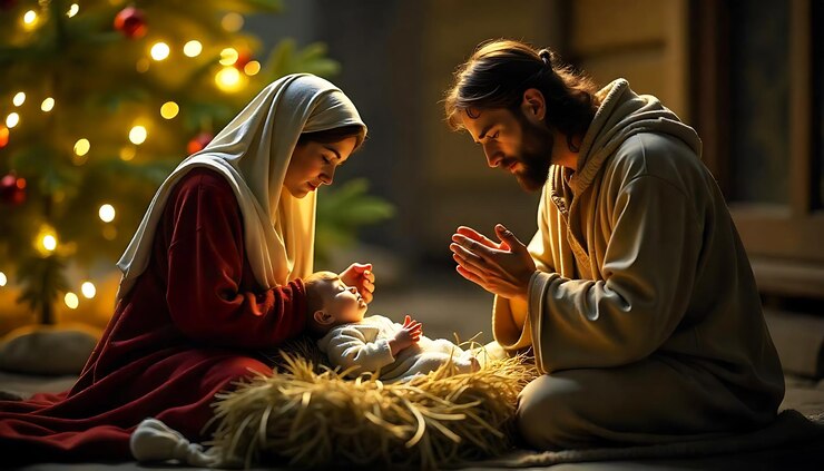 PSD escena con el bebé jesús maría y josé orando en un árbol de navidad