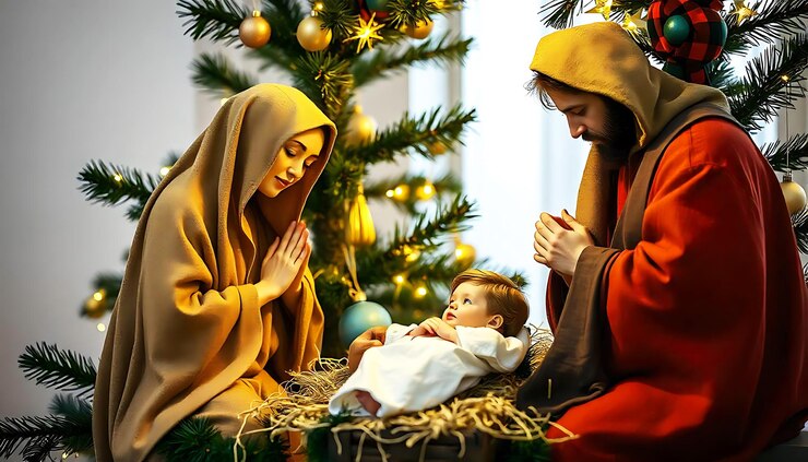 PSD escena con el bebé jesús maría y josé orando en un árbol de navidad