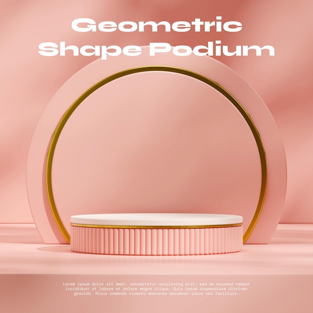 escena brillante fondo rosa imagen 3D renderizar maqueta en blanco cilindro rosa y dorado podio en cuadrado