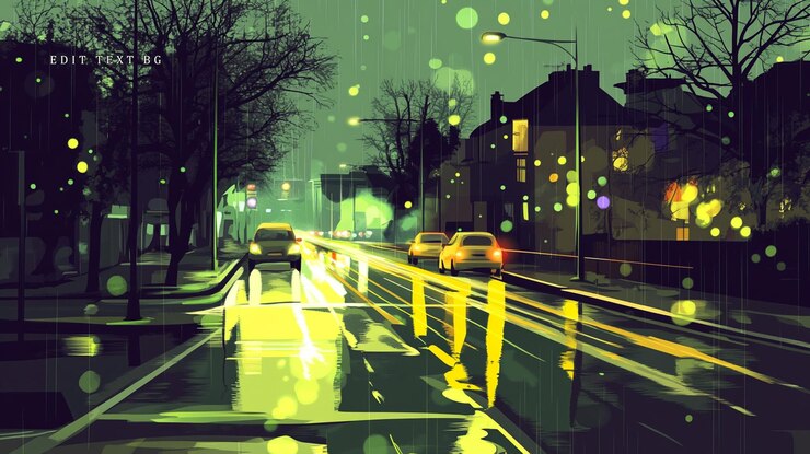 PSD escena callejera de la ciudad en una noche lluviosa con coches y luces