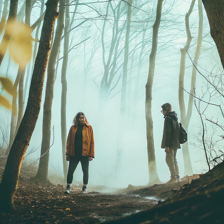 PSD la escena captura los densos y exuberantes árboles verdes envueltos en una capa mística de niebla que crea una serenidad