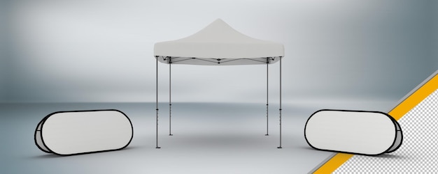 Escena de la carpa gazebo marquee con pancartas emergentes de eventos a cada lado con bg y transparencia