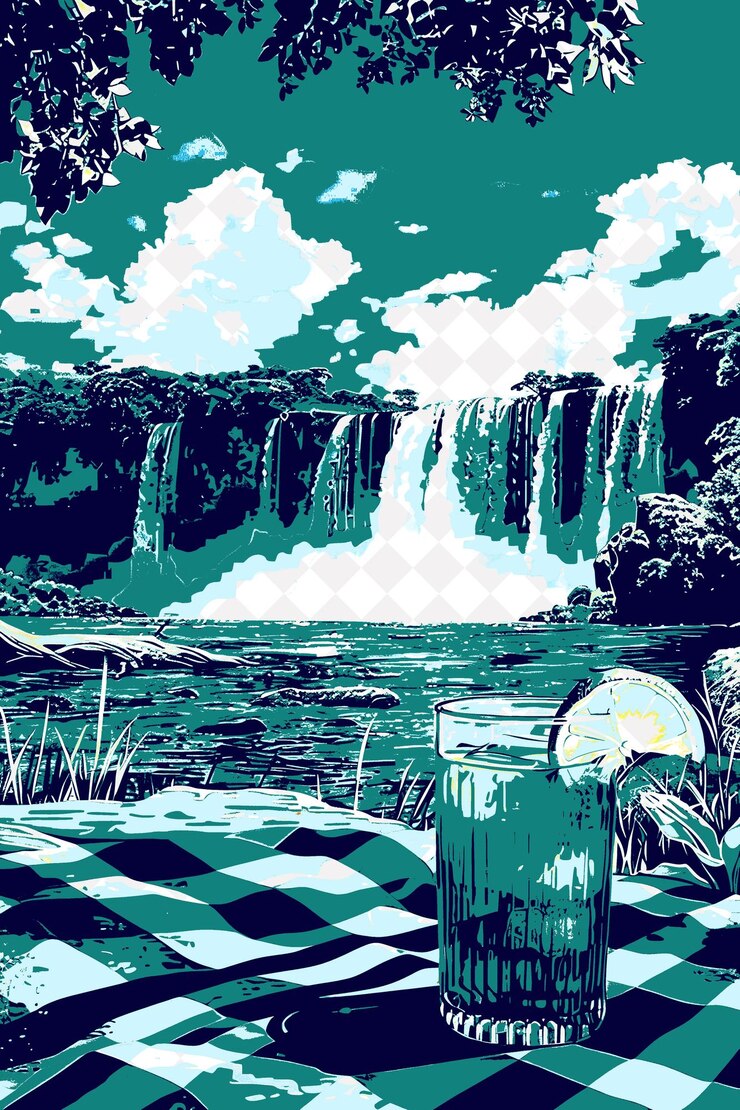 PSD escena de las cataratas del iguazú con una tela de canga extendida en el césped escena y cultura de brasil ilustraciones