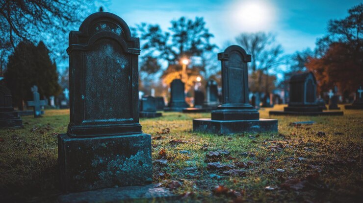 PSD escena de un cementerio al anochecer con lápidas