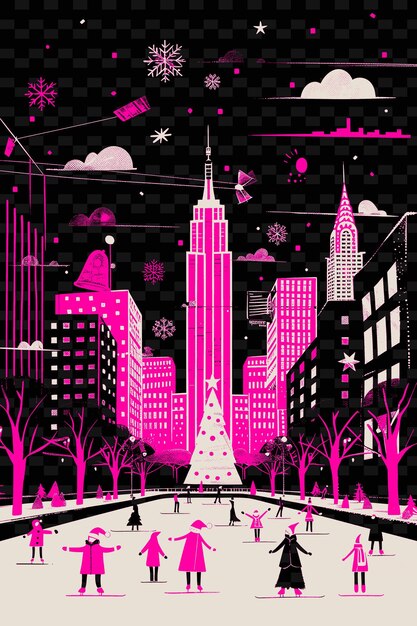 PSD una escena de la ciudad colorida con un árbol de navidad y un edificio con un copo de nieve en la parte superior