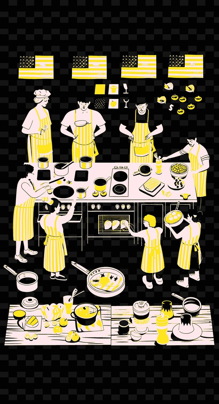 PSD una escena de clase de cocina con personas aprendiendo a cocinar diseños de ideas de ilustración creativas estadounidenses