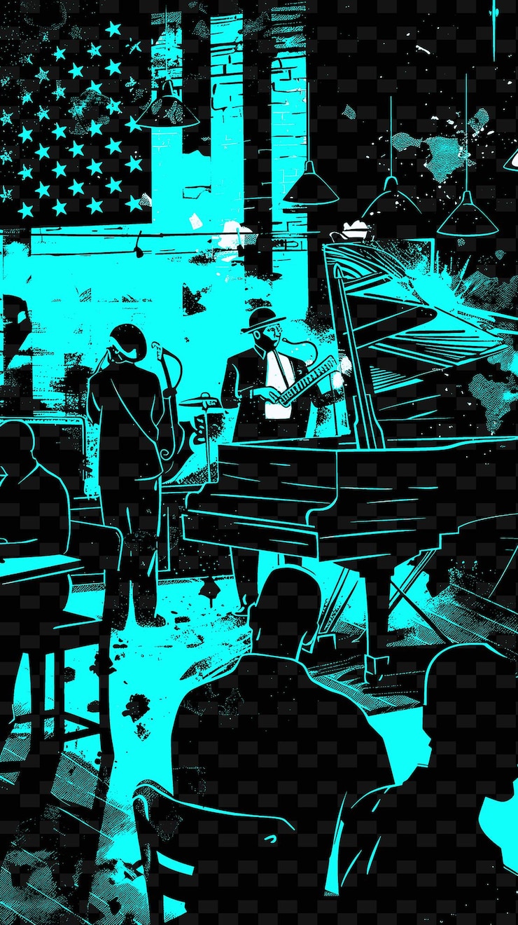 PSD una escena de un club de jazz con gente escuchando música en vivo américa diseños de ideas de ilustración creativa