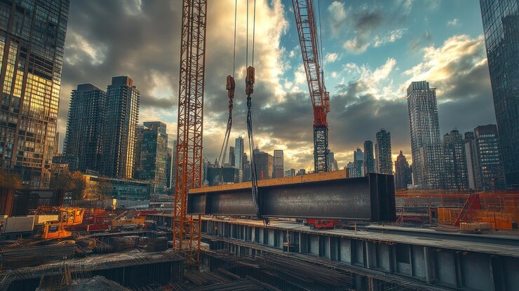 PSD escena de construcción urbana con grúas y horizonte