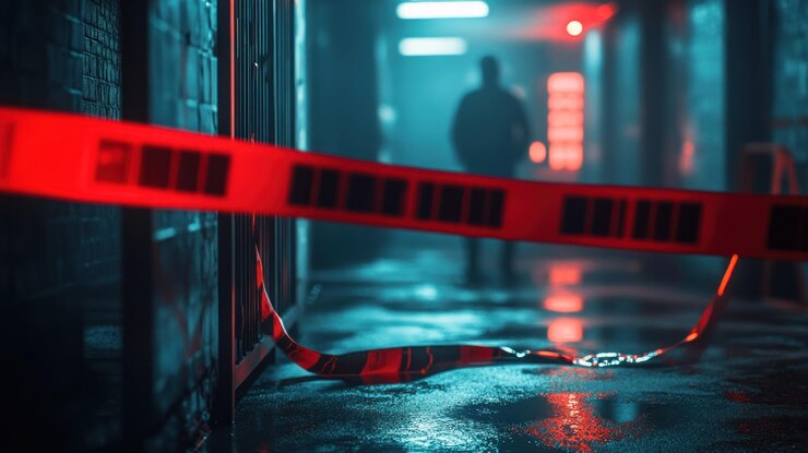 PSD la escena del crimen área restringida cinta roja bloquea el callejón con figura borrosa en fondo neonlit