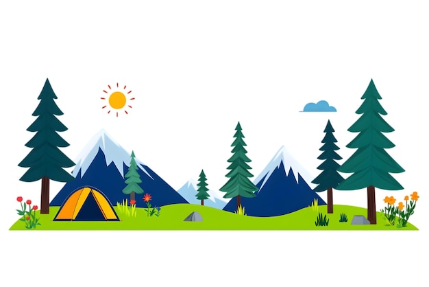 Escena de acampamento colorida com pinheiros de tenda Montanhas cobertas de neve Sol e flores isolados em W