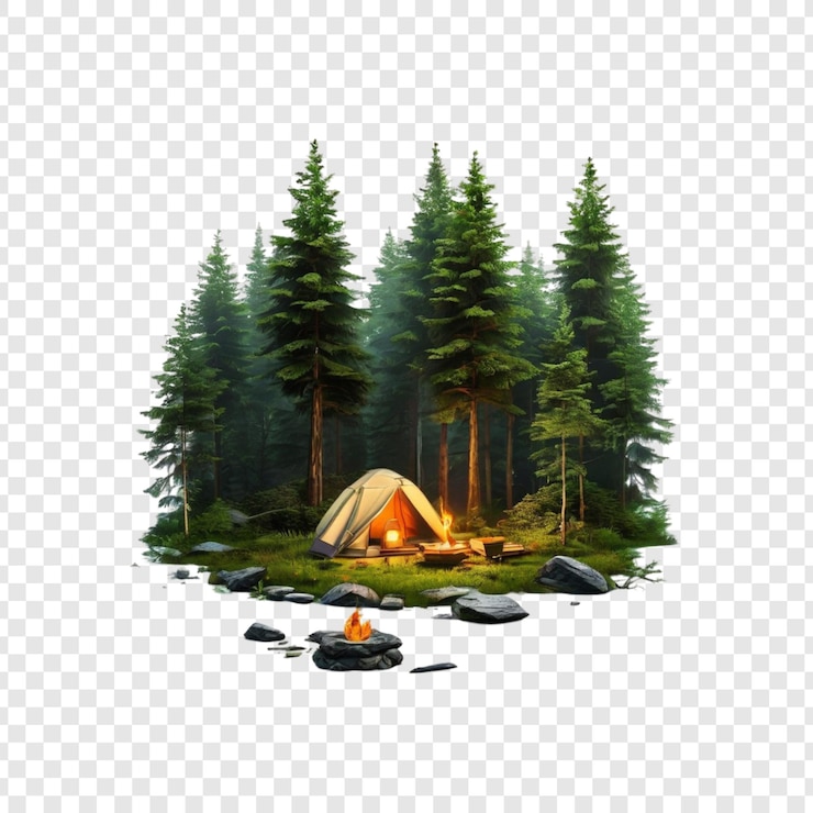 PSD escena de acampamento floresta tenda fogo natureza árvores de mesa de piquenique
