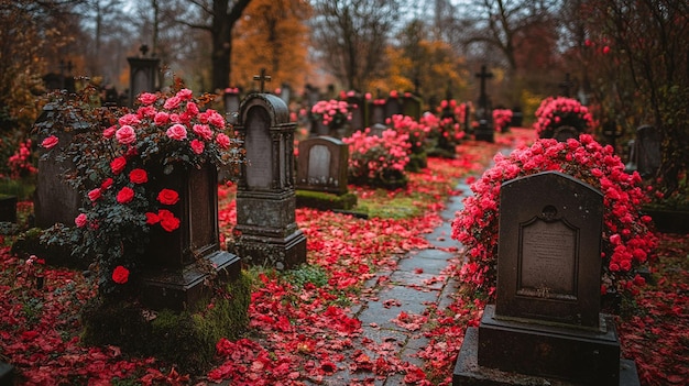 Escena de cemitério de outono com rosas cor-de-rosa vibrantes adornando lápides folhas caídas criando um caminho