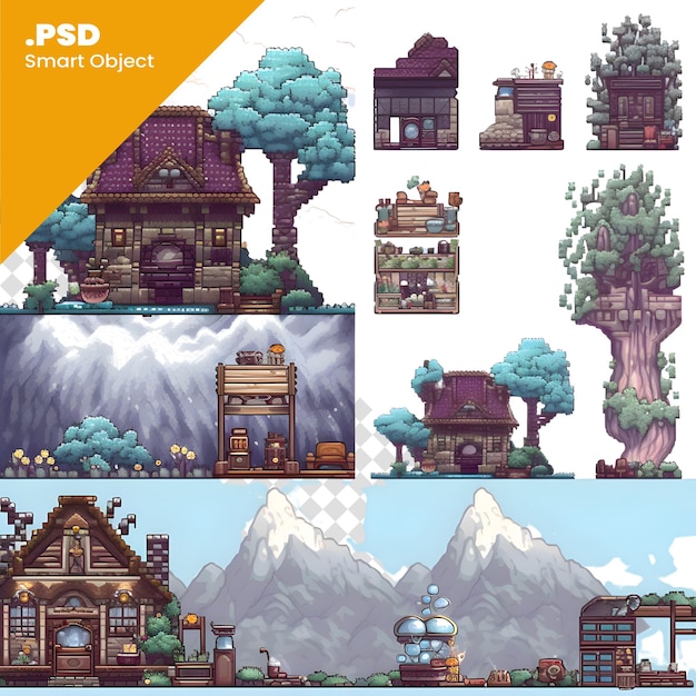 PSD escena de dibujos animados con diferentes casas de campo y montañas - ilustración para niños plantilla psd