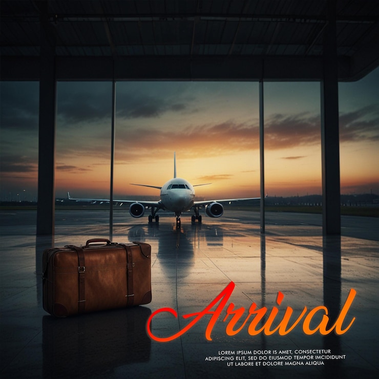 PSD escena do terminal do aeroporto com malas e avião