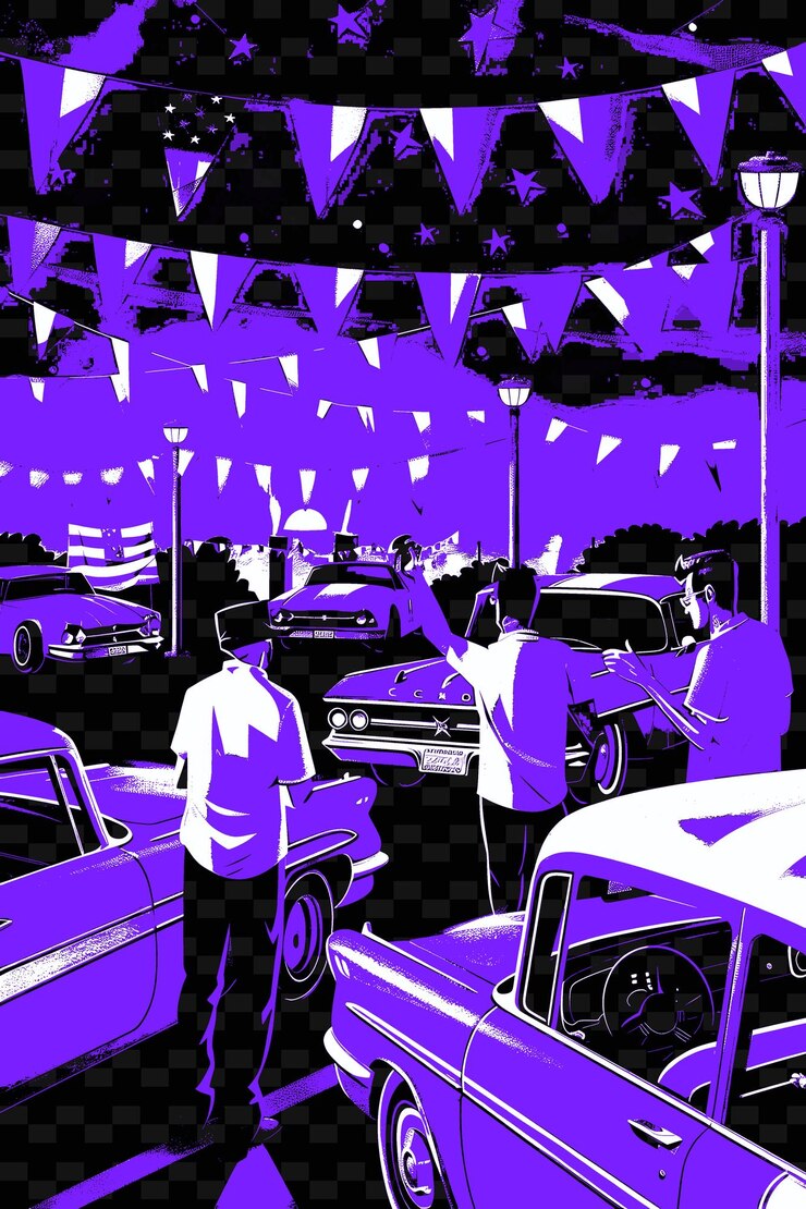 PSD escena de exhibición de automóviles antiguos con amigos admirando automóviles clásicos am diseños de ideas de ilustración creativas