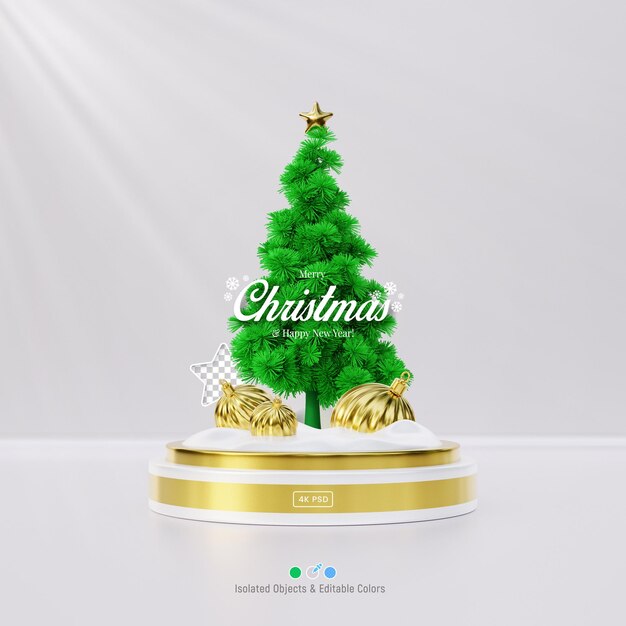 Escena de feliz navidad y feliz año nuevo hecha a mano con pino y bolas de adorno 3d aisladas