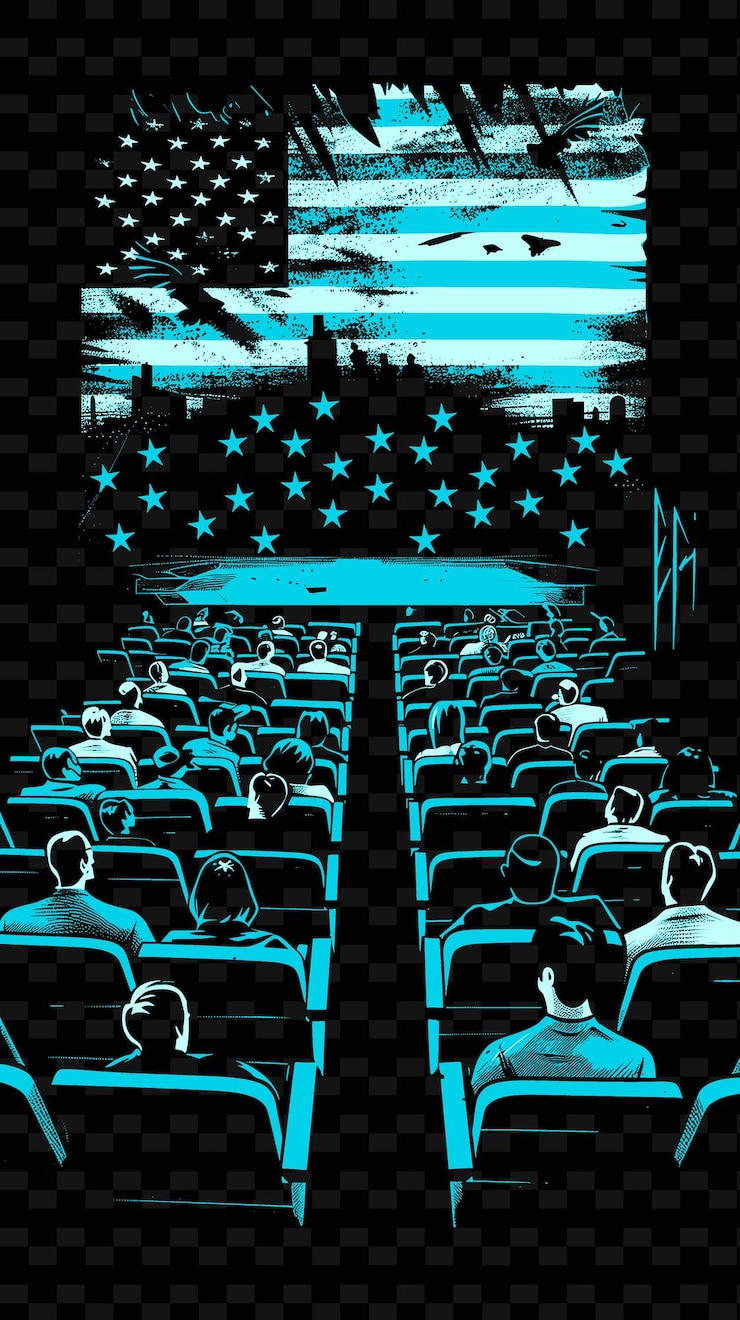 PSD una escena de un festival de cine con gente viendo películas american fl diseños de ideas de ilustración creativa