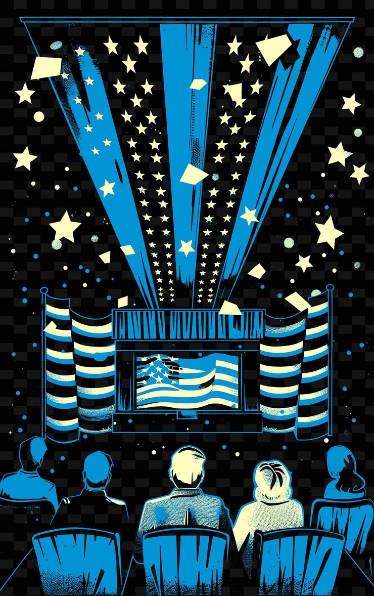 PSD una escena de un festival de cine con gente viendo películas american fl diseños de ideas de ilustración creativa
