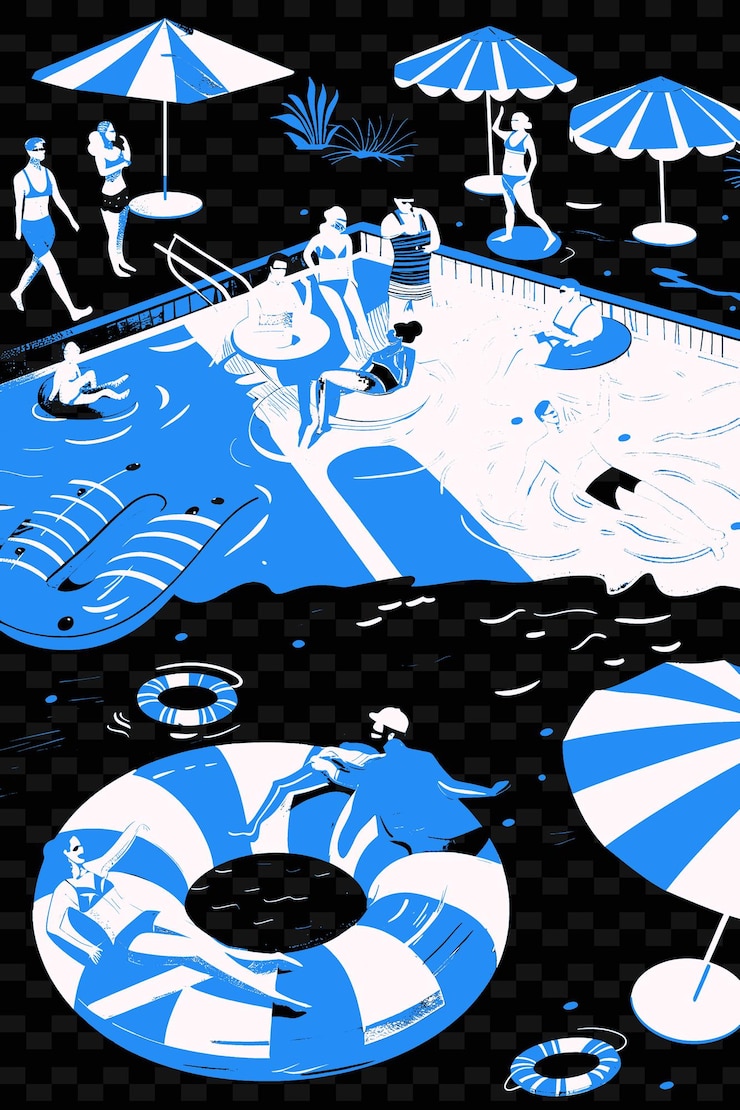 PSD escena de fiesta con amigos y familia disfrutando de una piscina y diseños de ideas de ilustración creativas