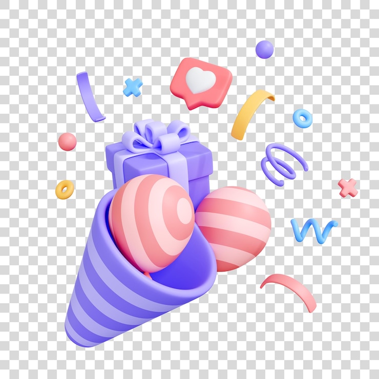 PSD escena de fiesta de cumpleaños con un sombrero de fiesta una caja de regalos y globos renderizado en 3d