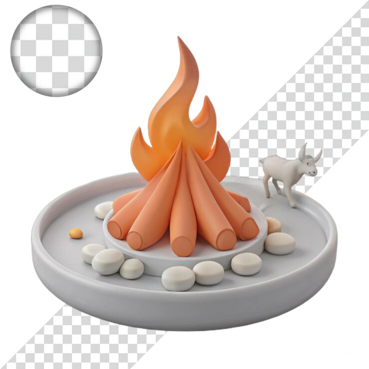 PSD escena de fogata renderizada en 3d con troncos, llamas y piedras