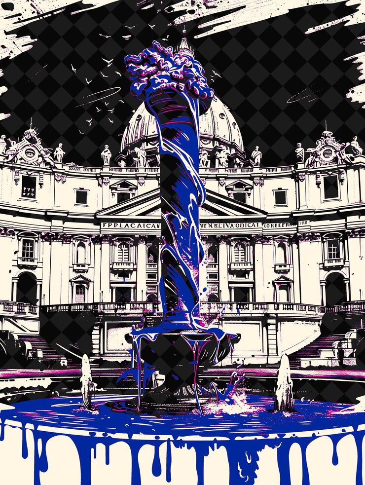 PSD escena de la fuente de trevi con pizza stromboli y un gelato rojo c italia diseño de ilustraciones de cultura