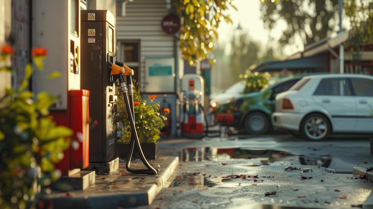 PSD escena de gasolinera retro con coches, flores y charcos al amanecer