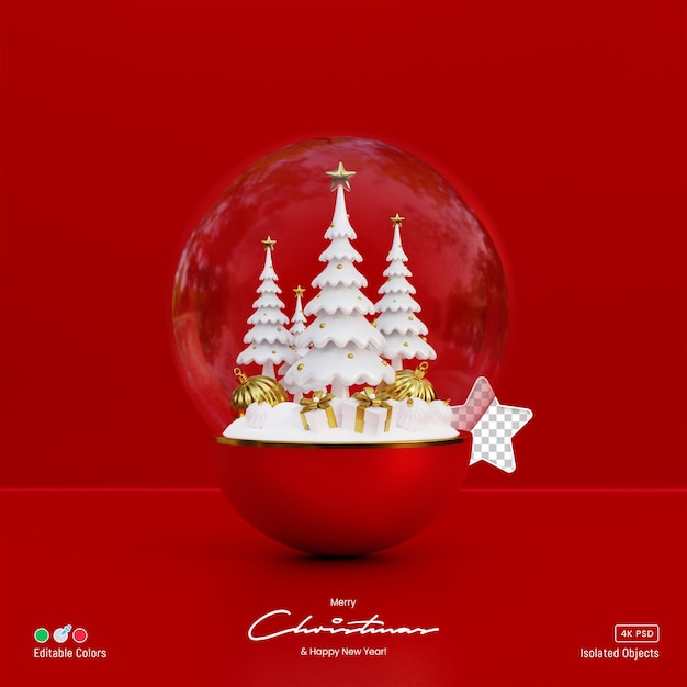 Escena de globo de cristal de navidad y año nuevo decorada con lindos pinos blancos de dibujos animados en 3d