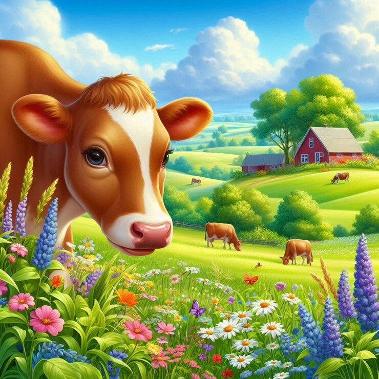 Una escena de granja con una vaca en primer plano flores y aves