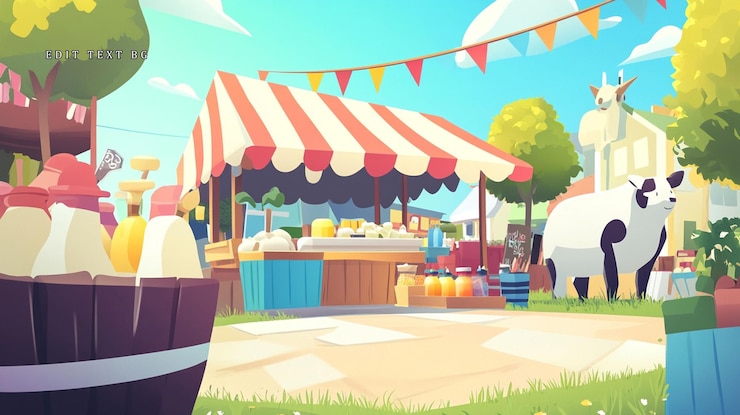 PSD escena idílica del mercado de agricultores con productos lácteos, cabras y decoraciones festivas