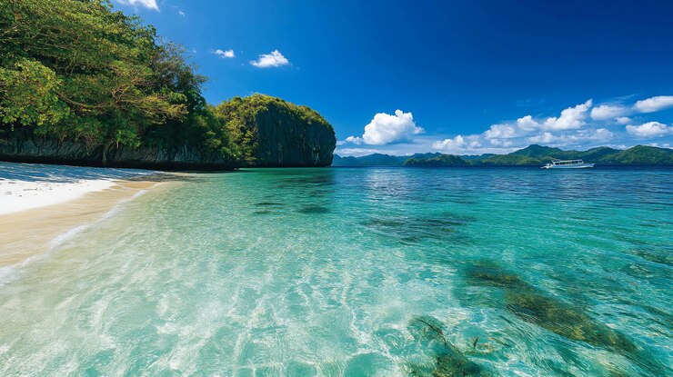 PSD escena idílica de playa tropical con agua cristalina turquesa arena blanca vegetación exuberante y un barco lejano bajo un cielo azul vibrante