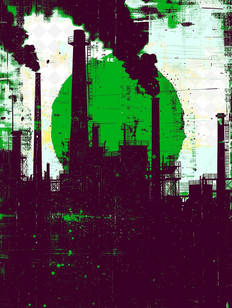 PSD escena industrial de duque de caxias con una fábrica y una ilustración de humo vida y cultura brasileñas