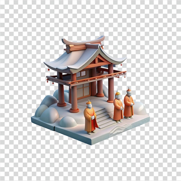 Escena de invierno del templo asiático Renderización en 3D de figuras de arquitectura antigua en túnicas