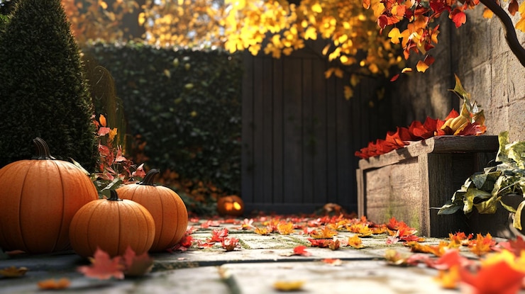 PSD escena de jardín de otoño con calabazas y hojas caídas