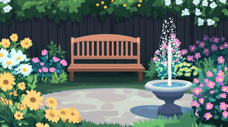PSD una escena de jardín sereno con una fuente de piedra de banco de madera y flores vibrantes