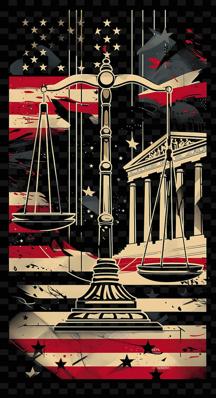 PSD escena legal con un juzgado y abogados escalas de justicia diseño de cartel de ilustración plana